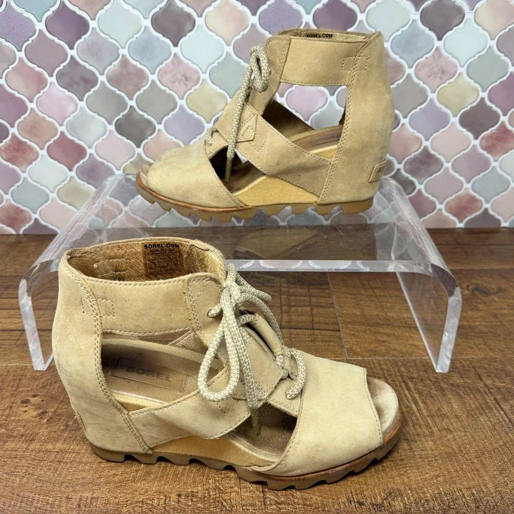 SOREL Joanie Lace Sandal Tan Suede Wedge Heel Open Toe 6